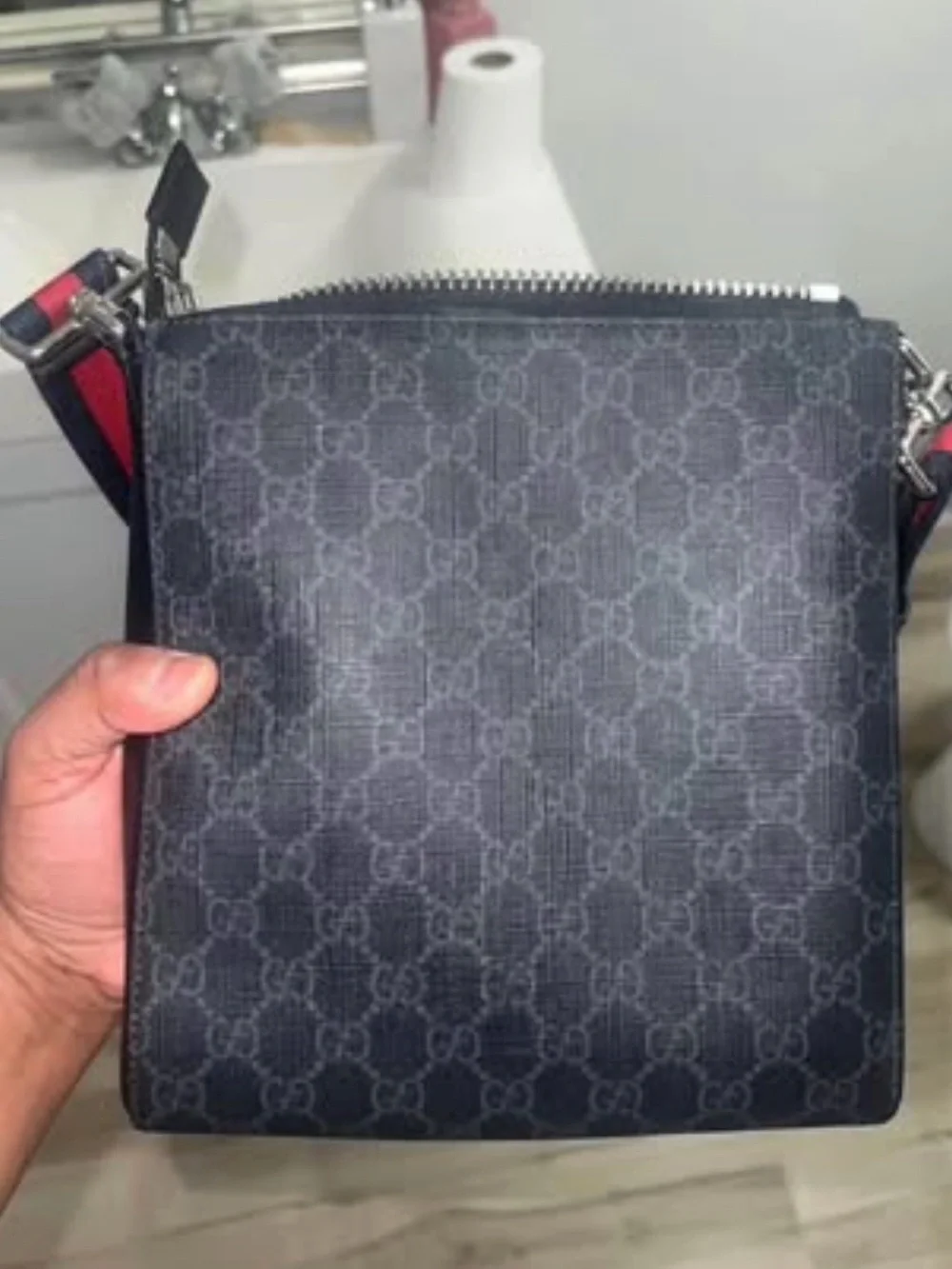 Gucci Black GG Supreme Messenger with Red and Blue Web Strap
